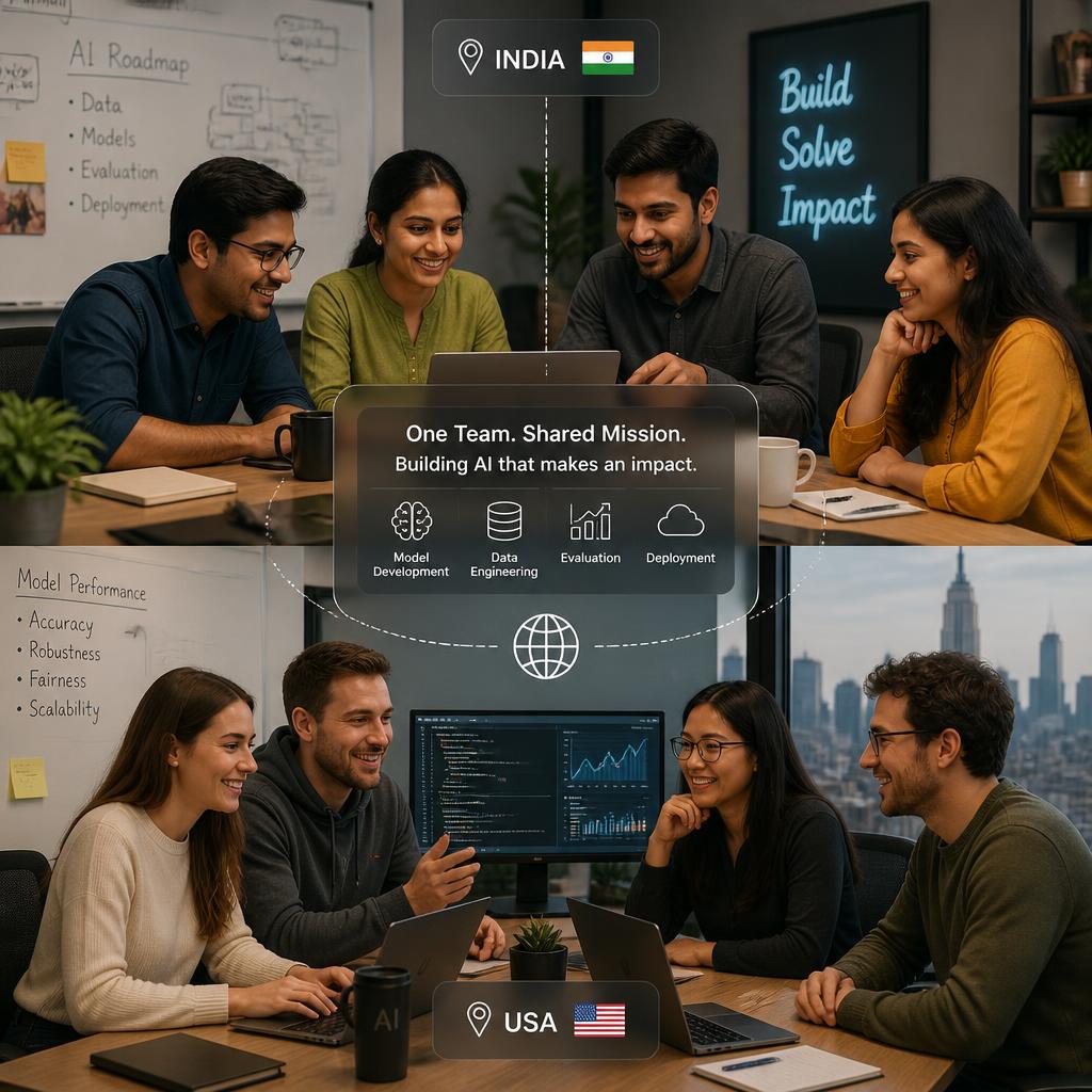 Distributed AI/ML engineering team across India and US offices collaborating on shared dashboards
