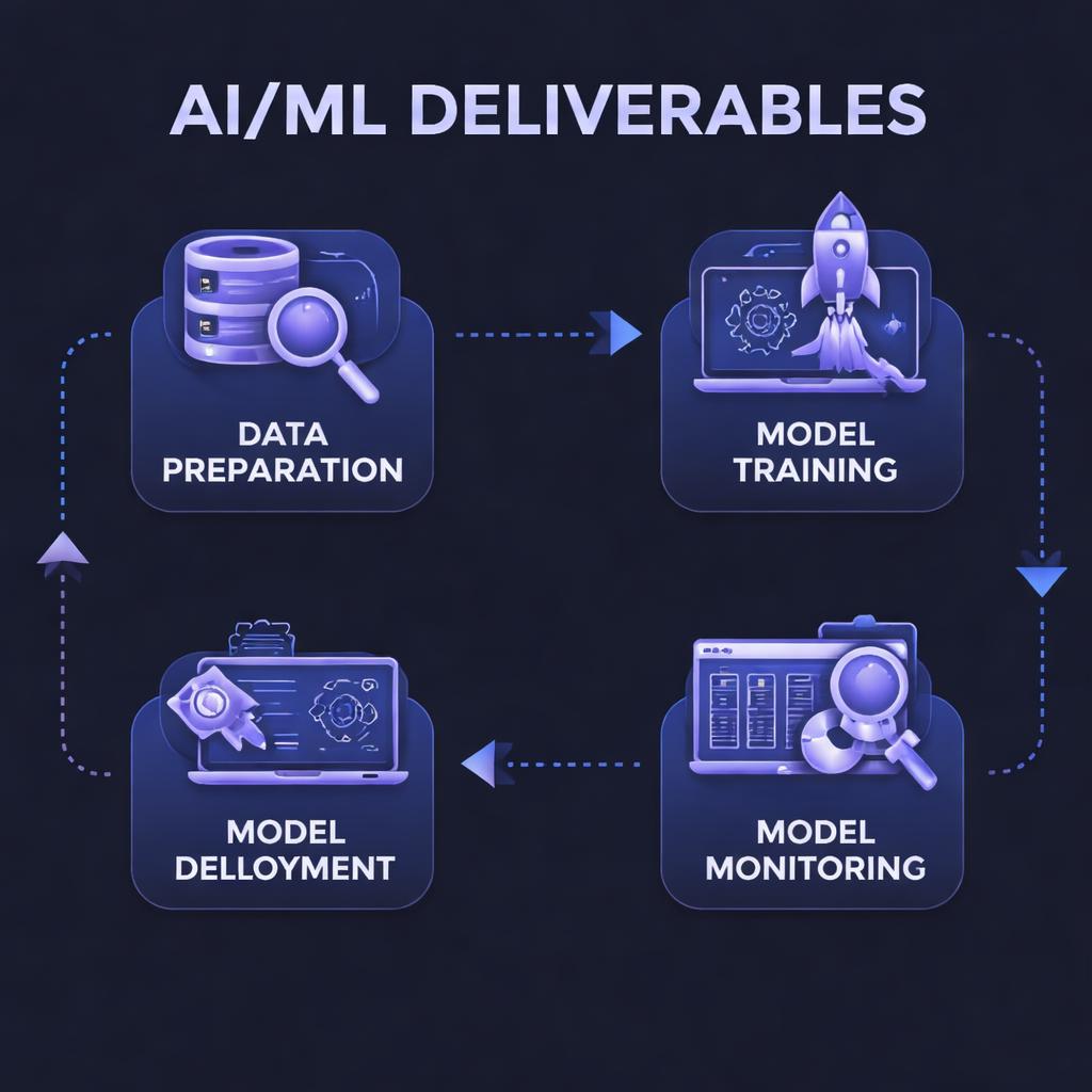 AI/ML deliverables flowchart: data prep, training, deployment, monitoring