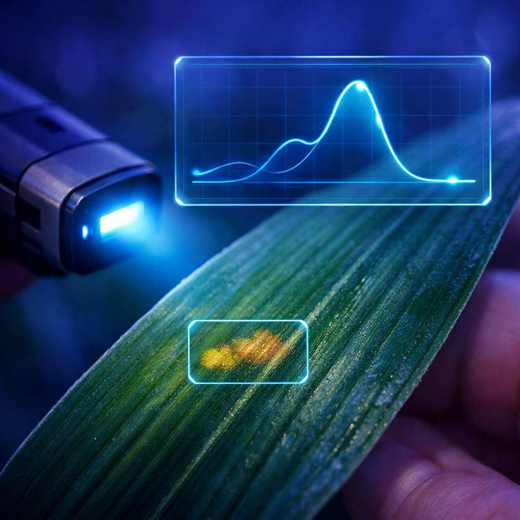 AI computer-vision pest and disease detection: crop leaf under diagnostic scanner with vegetation-index spectral graph and anomaly bounding box
