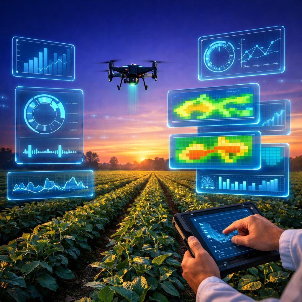 Indian farm field with agricultural drone performing multispectral crop scanning and AI precision-farming dashboard overlays showing crop health and yield analytics