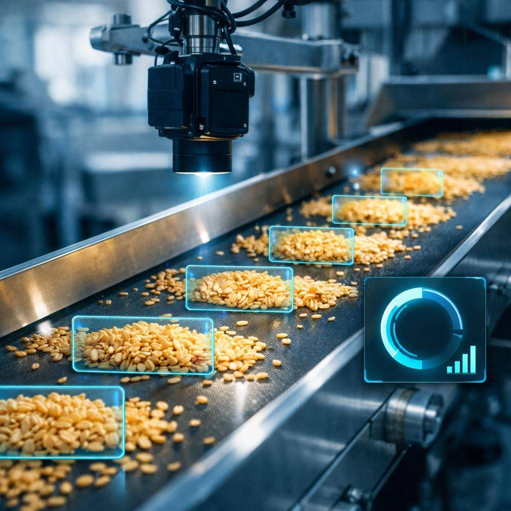 Computer vision quality grading of harvested grain on an industrial conveyor with defect detection bounding boxes