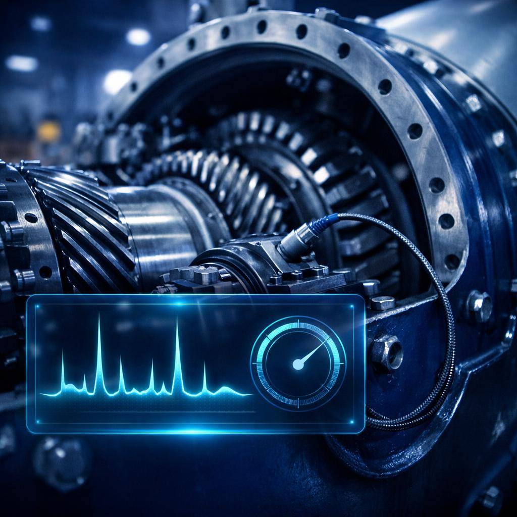 AI predictive maintenance for wind turbine gearbox: vibration sensor with frequency-spectrum analyzer overlay