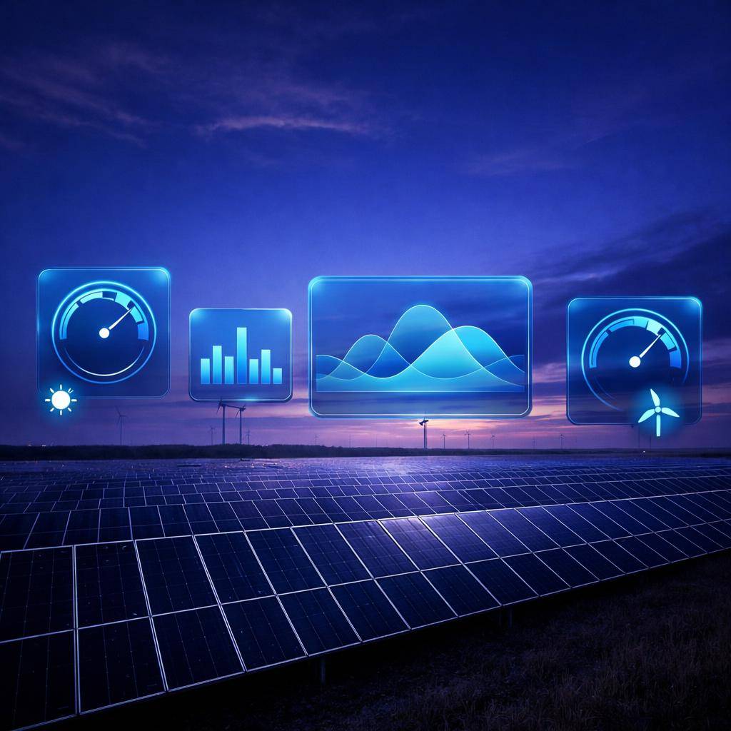 Solar photovoltaic farm and wind turbines at dusk with AI renewable-generation forecasting dashboard overlays showing gauges and probability-band charts