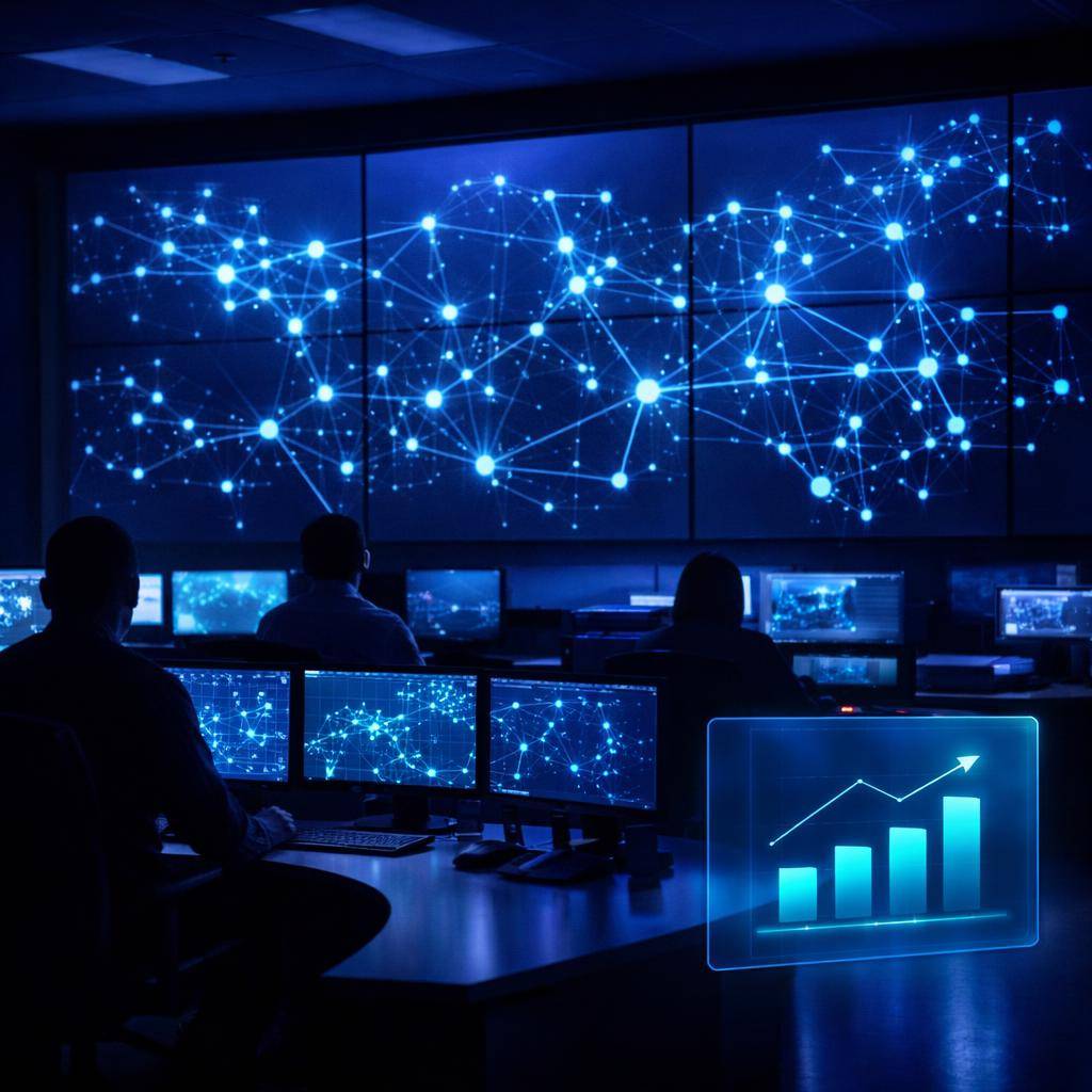 Energy grid control room with operators monitoring AI-driven network and generation-forecasting dashboards