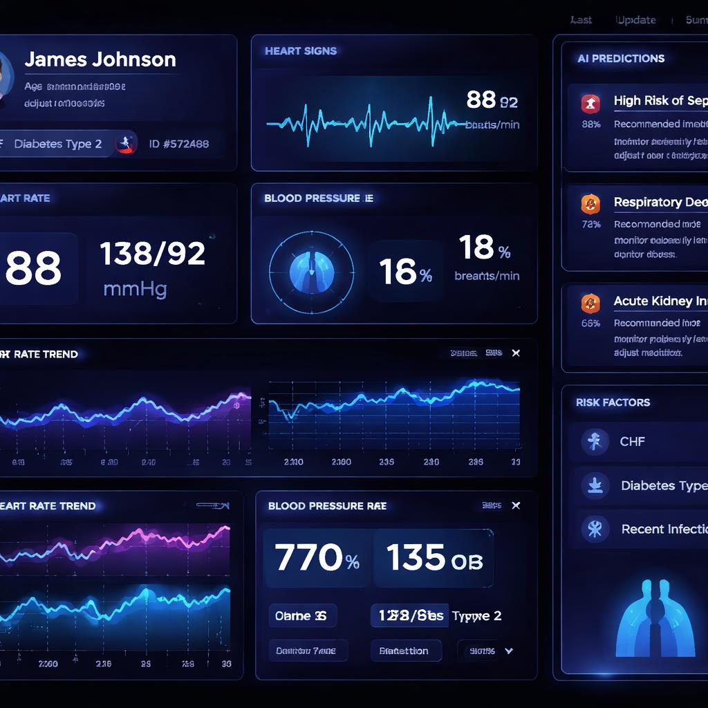 Healthcare AI dashboard with patient vital signs and risk score predictions