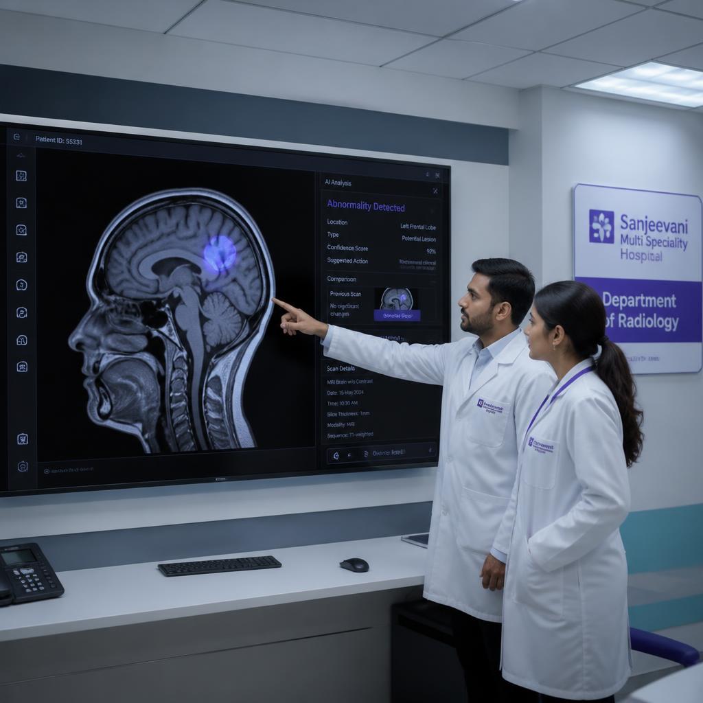 Indian hospital with AI medical imaging diagnostics and MRI scan anomaly detection