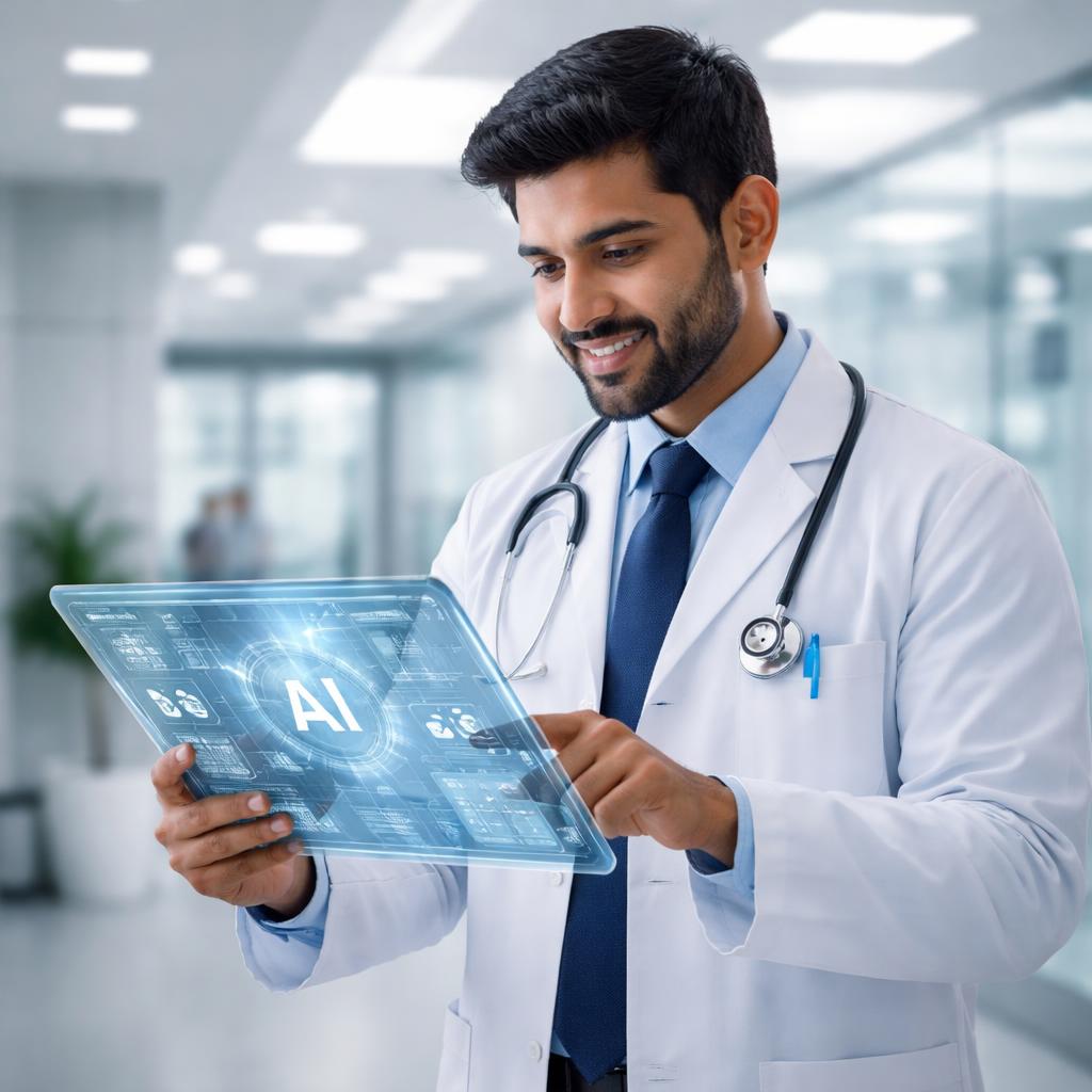 Indian doctor at hospital using AI tablet diagnostics