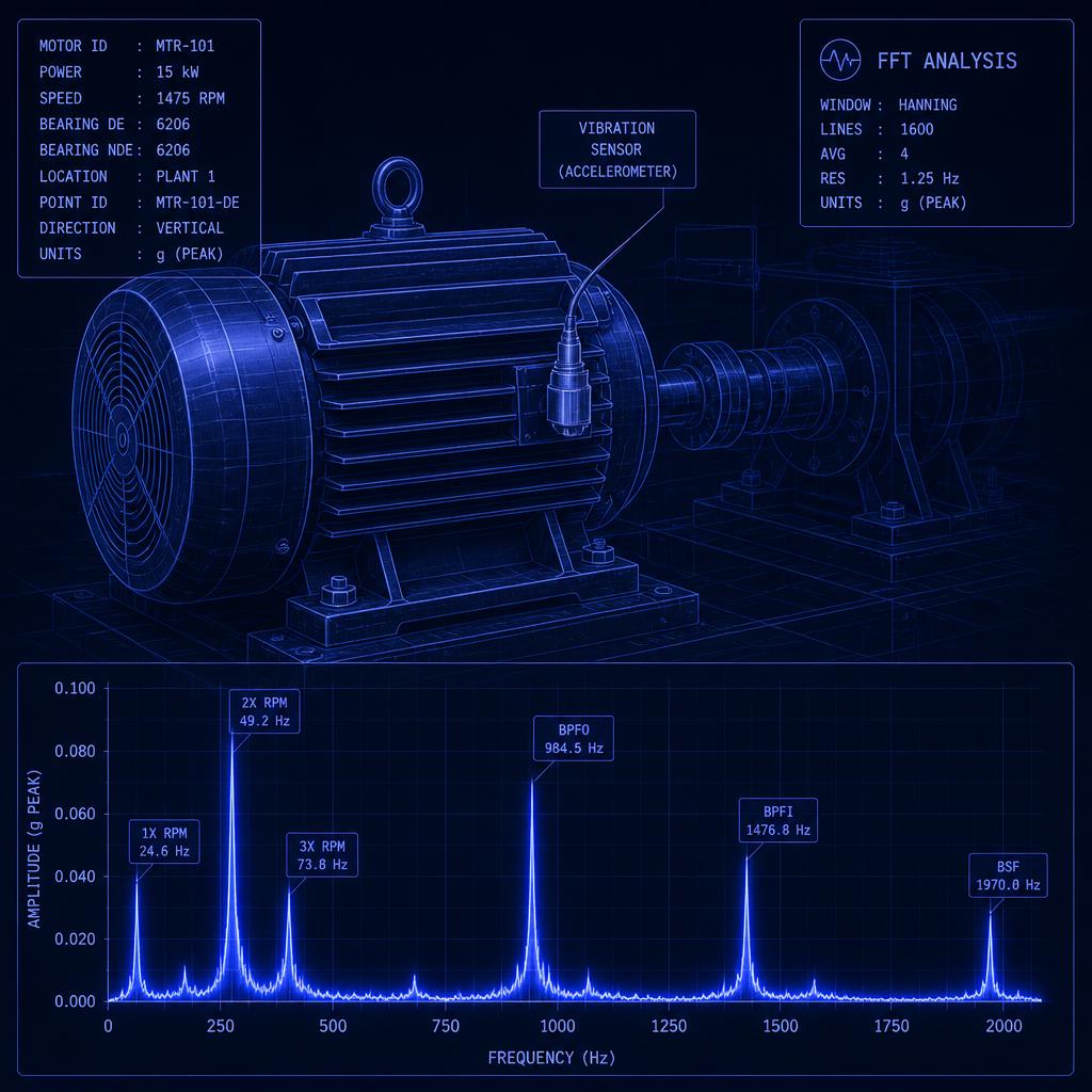 AI predictive maintenance: industrial motor with vibration sensor and FFT spectrum analyzer