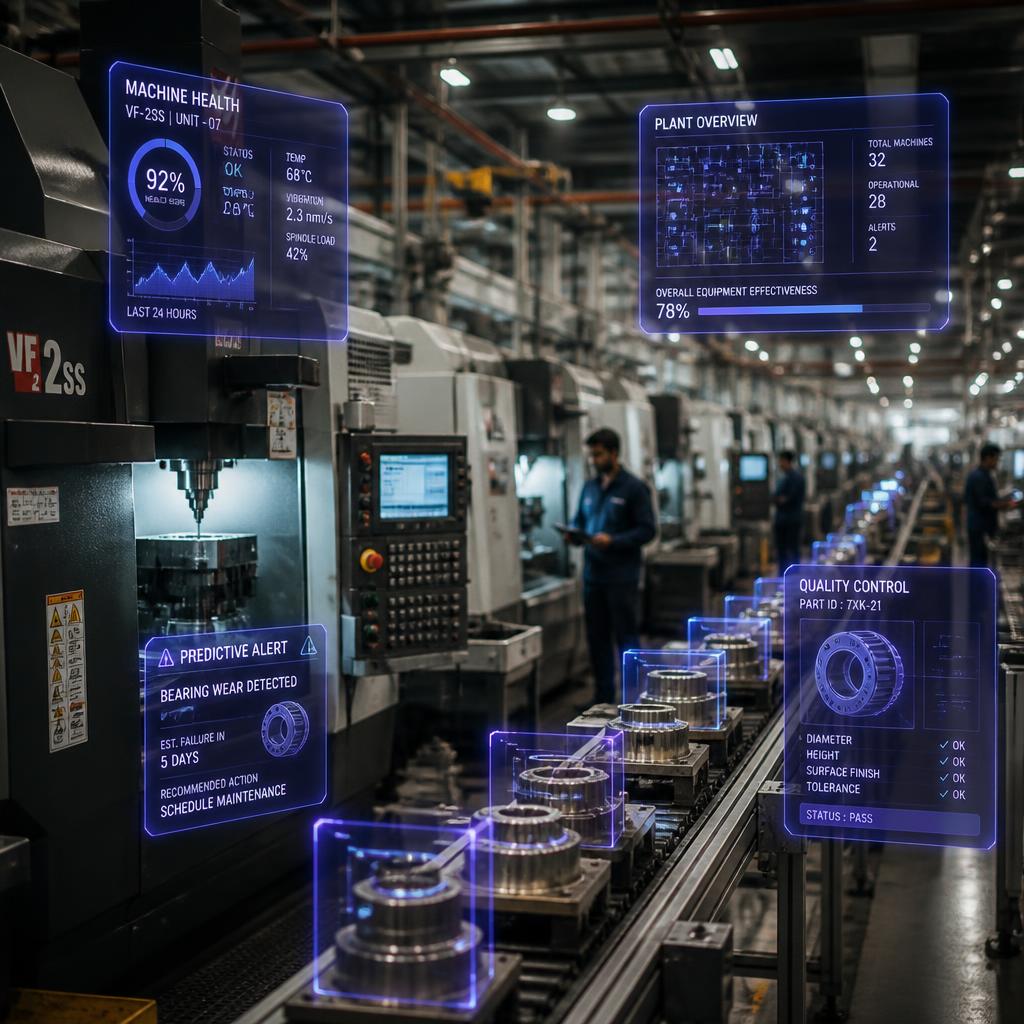 Indian factory floor with CNC machinery and AI predictive maintenance AR overlays showing machine health and quality control