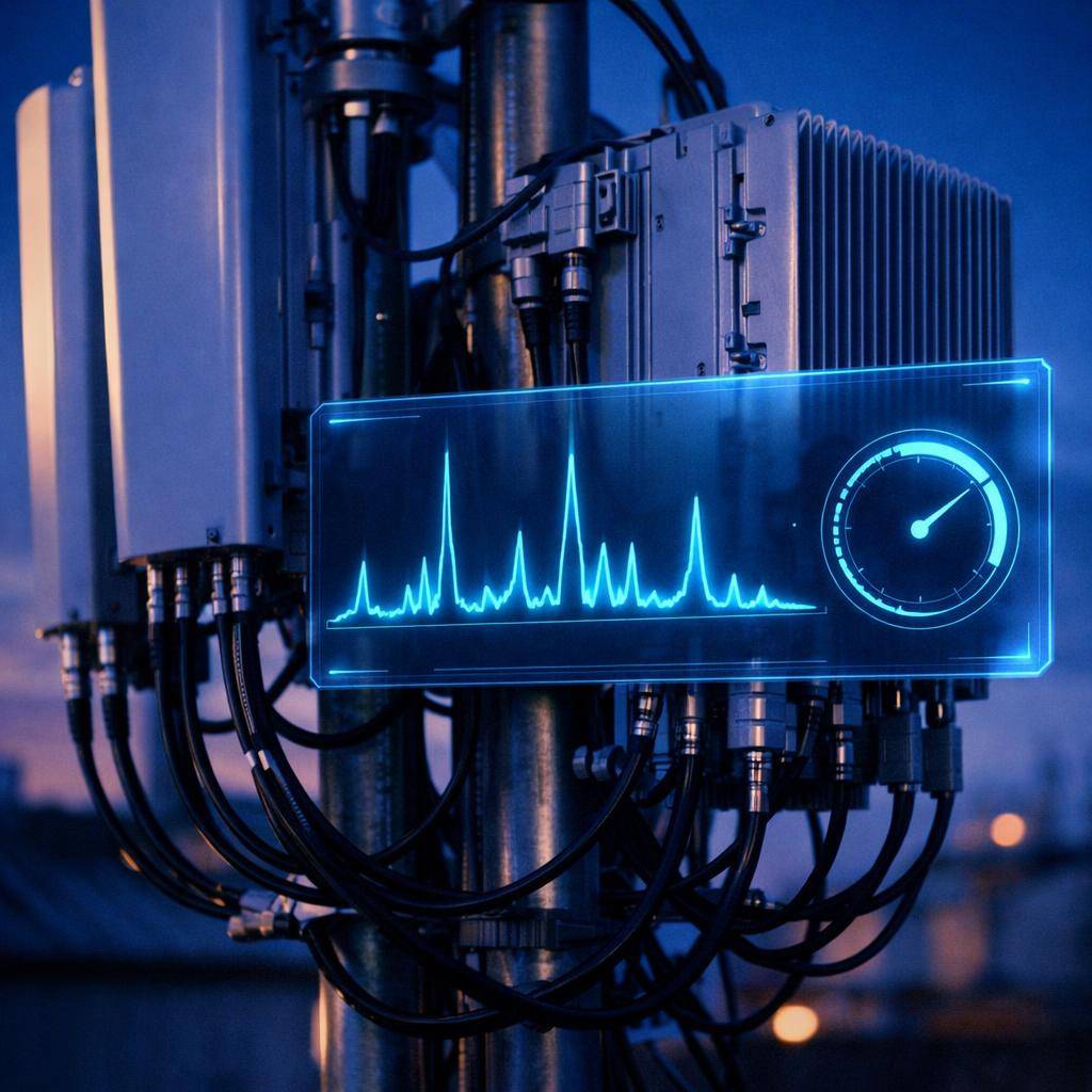AI RAN network optimization: 5G base-station antenna equipment with signal spectrum-analyzer waveform overlay