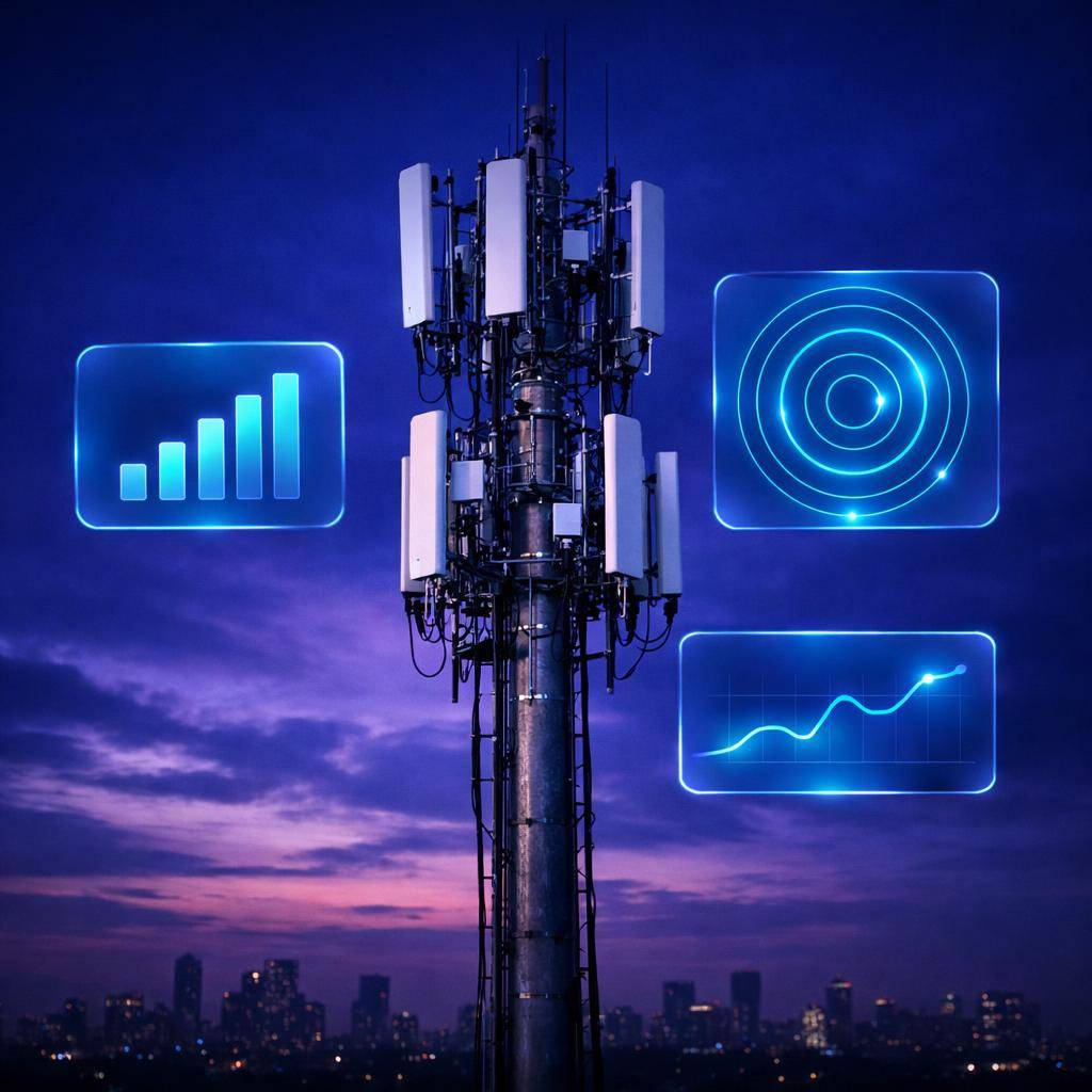 Telecommunications cell tower with 5G antennas and AI network-optimization dashboard overlays showing signal-strength and coverage analytics