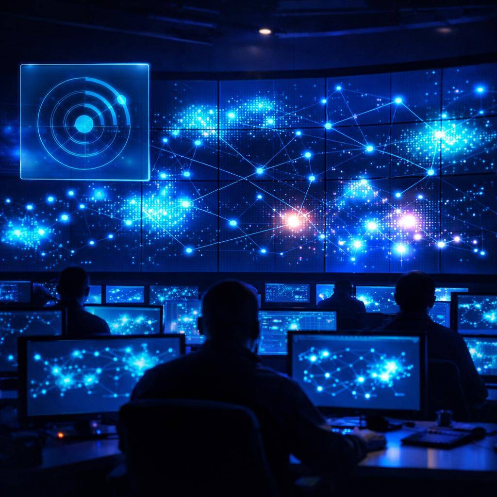 Telecom network operations center with engineers monitoring AI-driven network-topology and coverage dashboards