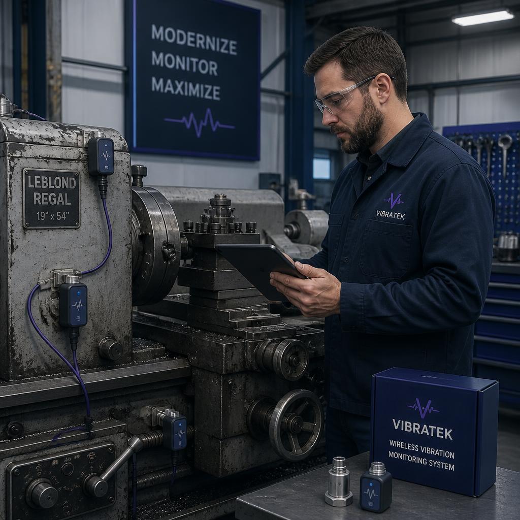 Engineer retrofitting old factory lathe with vibration sensors for predictive maintenance