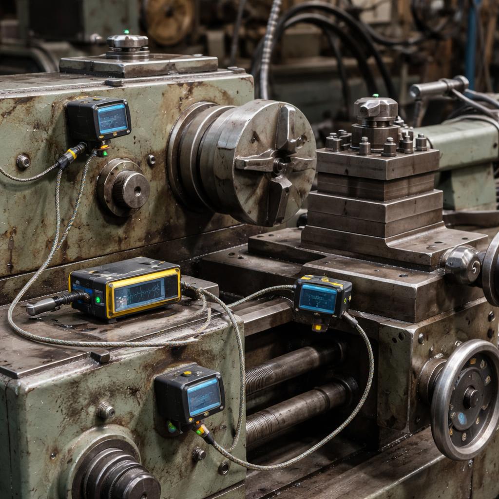 Old factory lathe machine with vibration sensors mounted for predictive maintenance retrofit