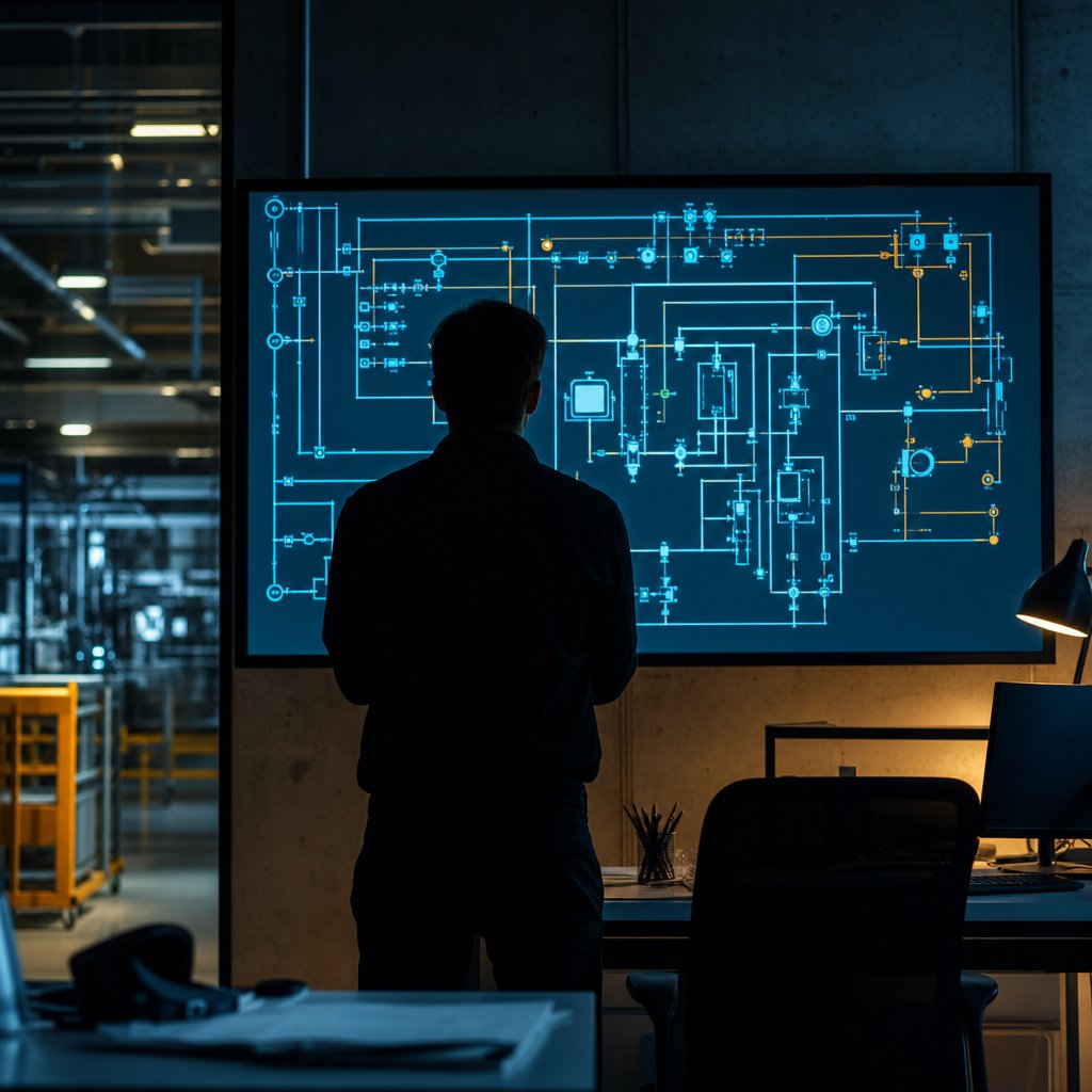 A silhouetted engineer viewed from behind, studying an automation control-panel schematic on a wall-mounted display in a modern industrial engineering office.