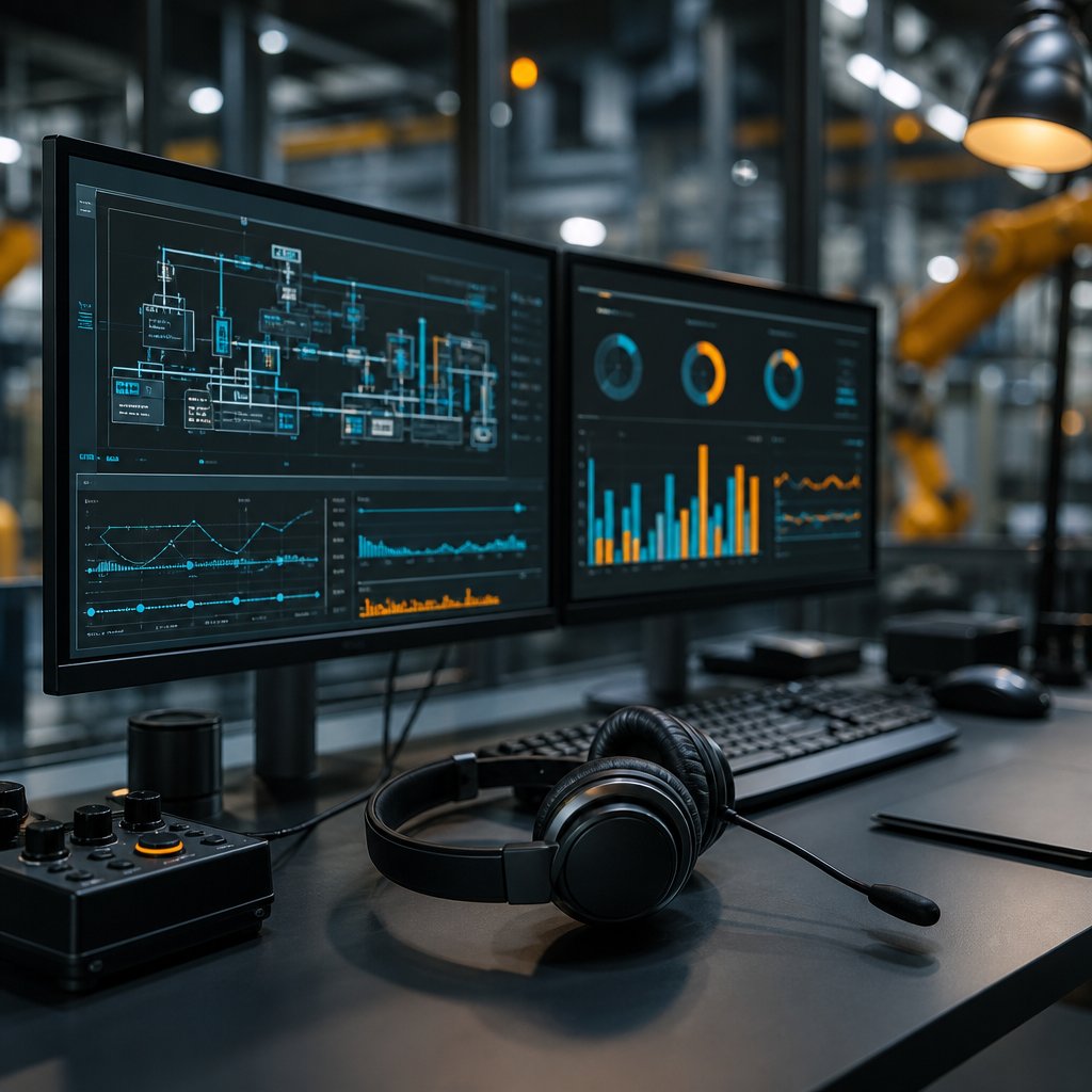 A technical-support desk with dual monitors and a headset, representing customer support for automation enquiries.