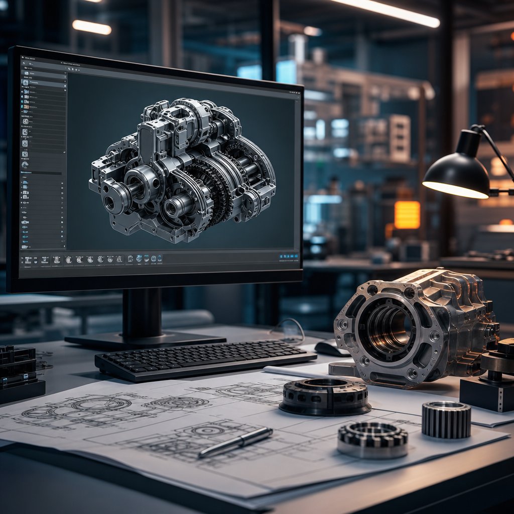 A CAD workstation displaying a 3D mechanical assembly model beside prototype components and technical drawings, representing the custom automation design process.