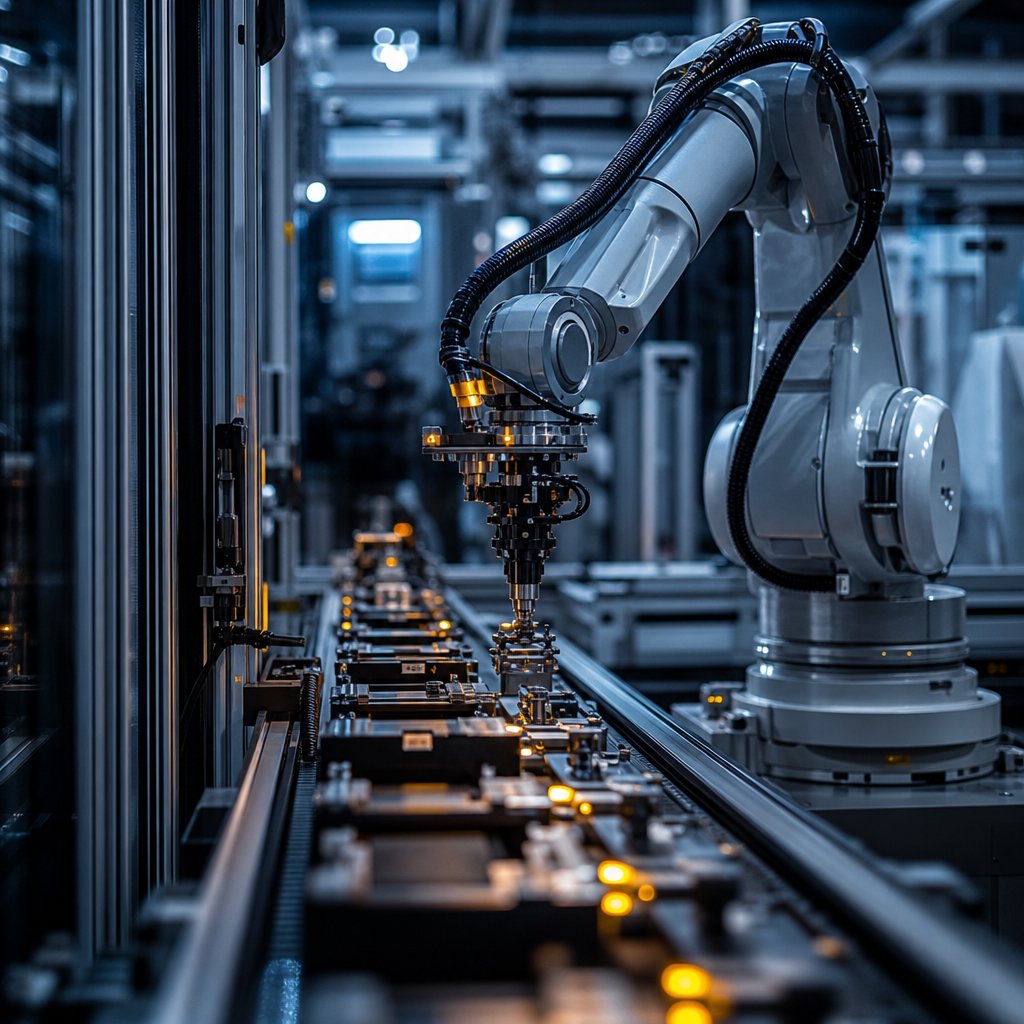 A custom-built robotic work cell performing precision assembly on a factory conveyor line, illustrating bespoke industrial automation engineering.