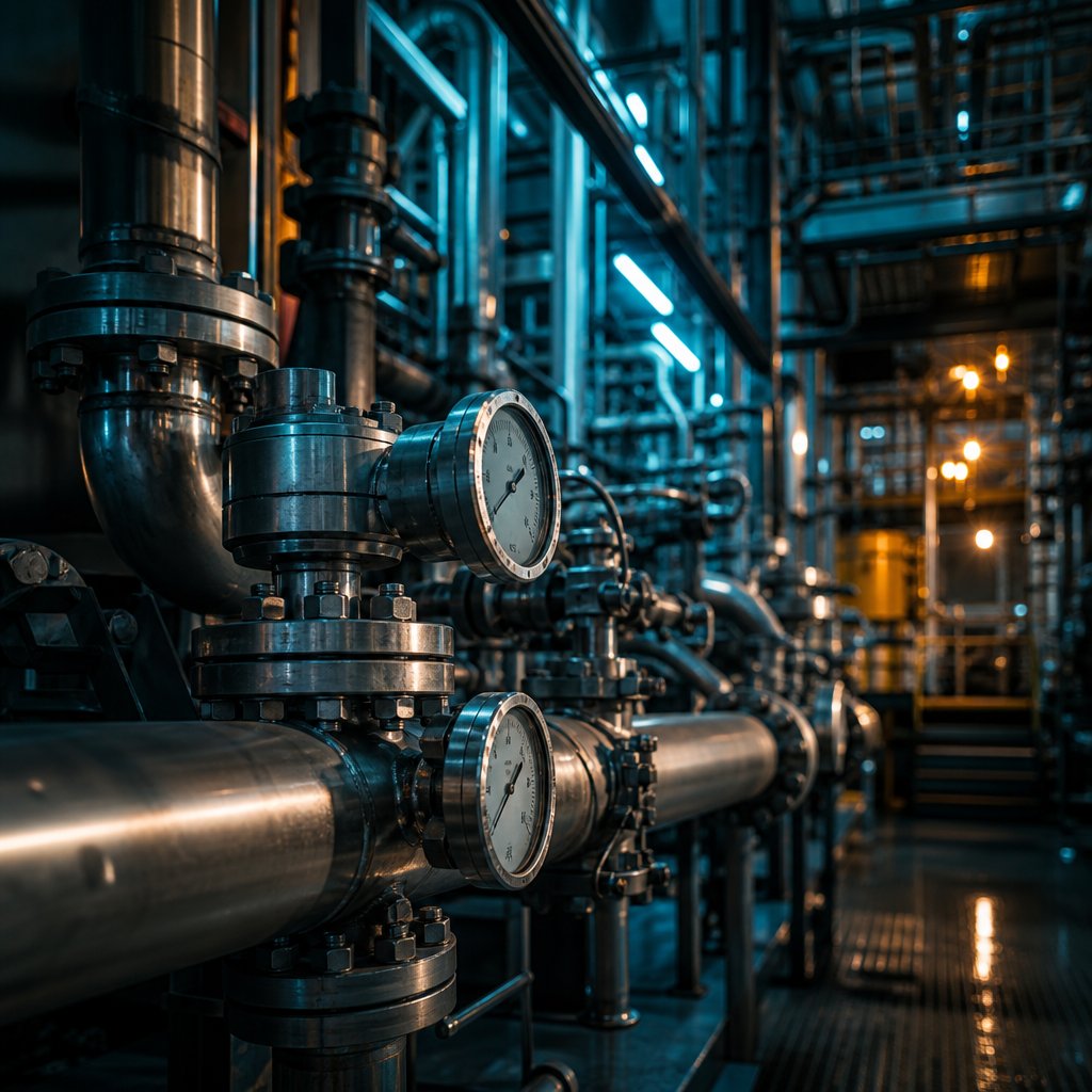Stainless-steel piping and gauges inside a chemical processing plant, representing process automation for the chemicals industry.