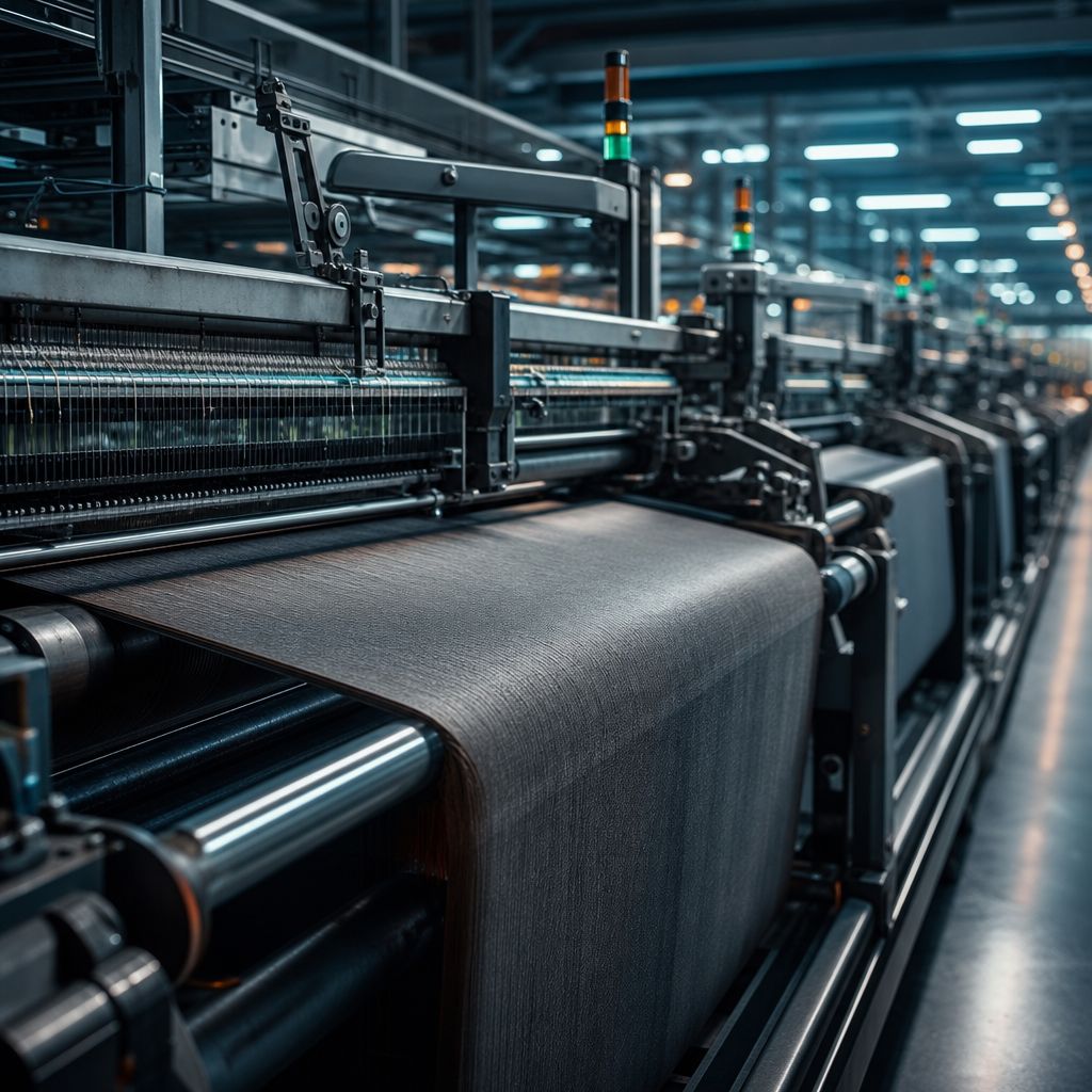 Rows of automated weaving machines inside a modern textile mill, representative of industrial automation for Ahmedabad's textile manufacturing sector.