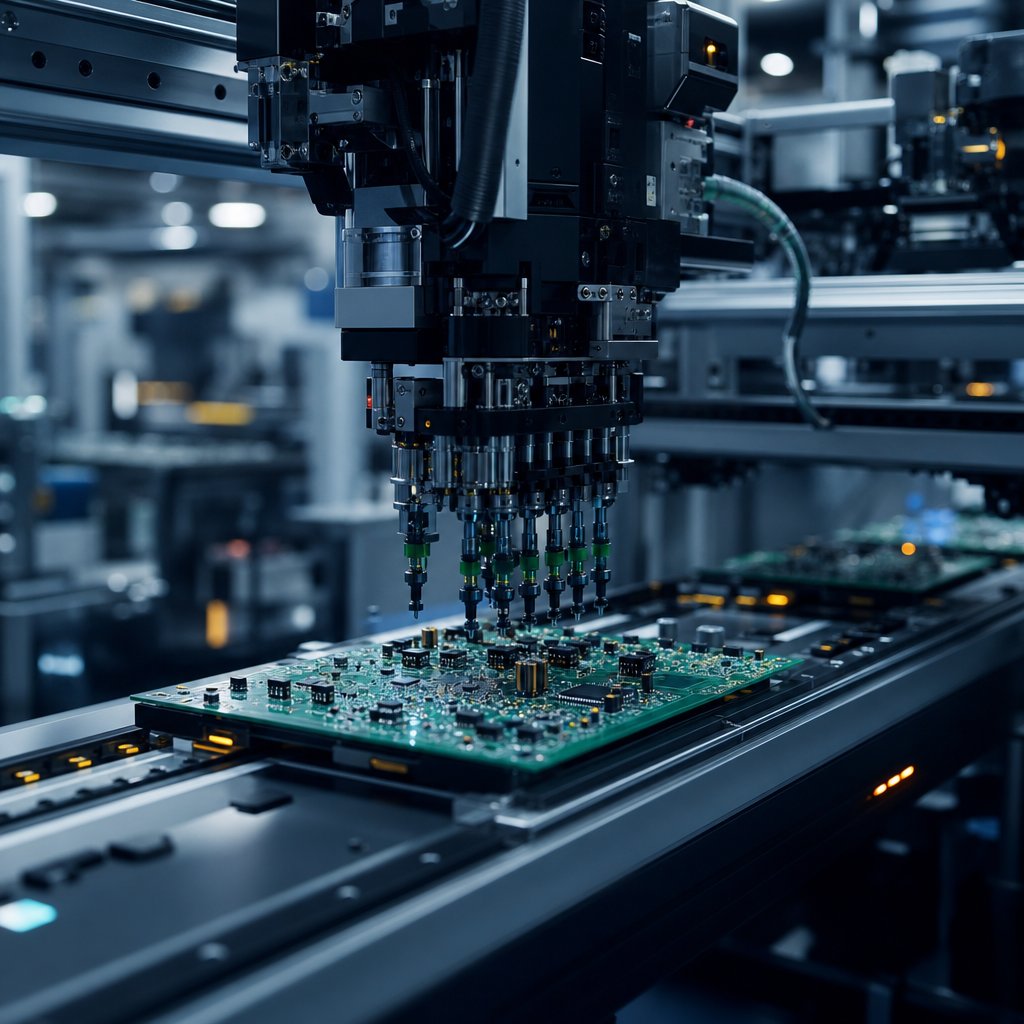A robotic pick-and-place machine populating a printed circuit board on an electronics production line, representative of automation for Bangalore's electronics and R&D sector.
