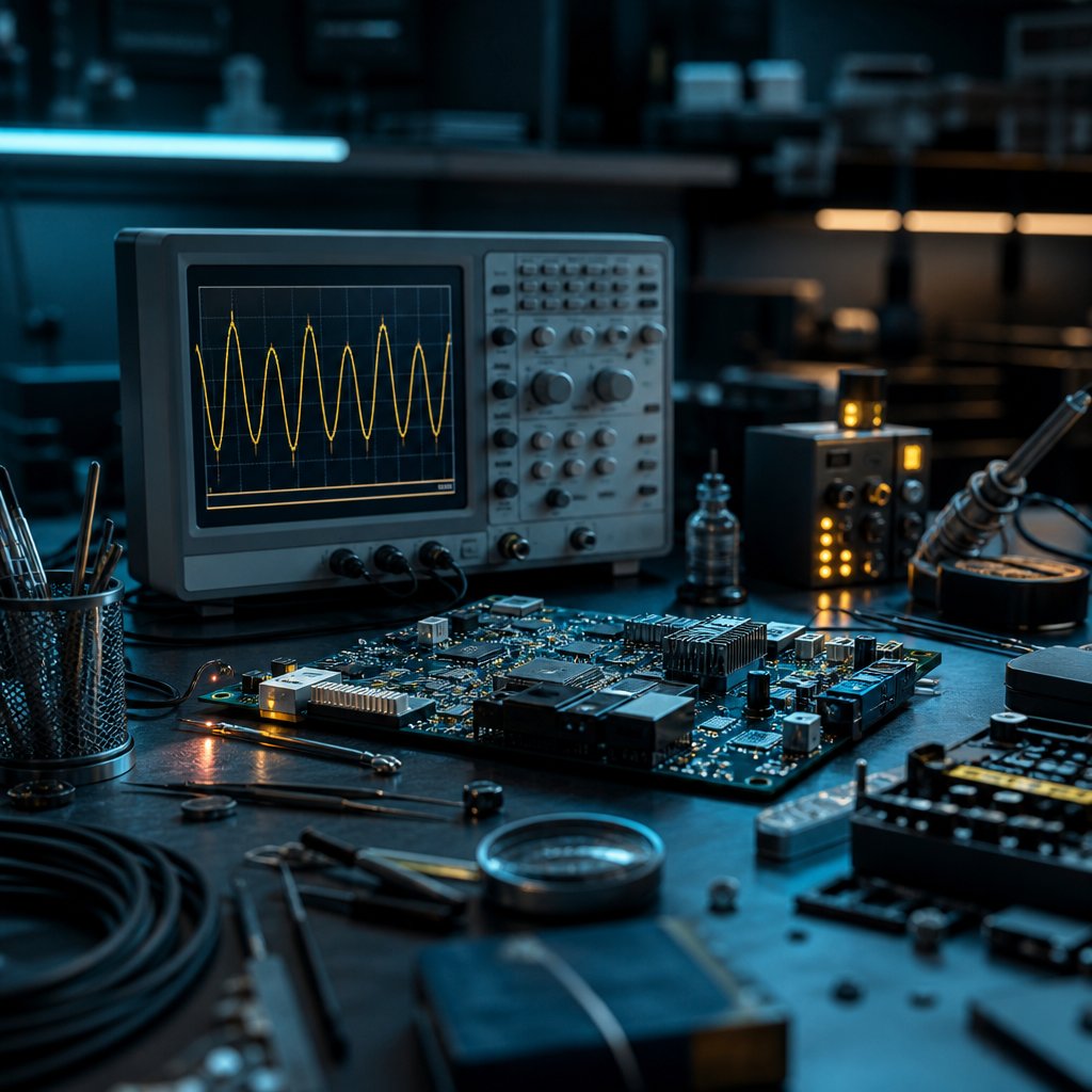 An electronics testing bench with an oscilloscope and circuit boards, representing R&D and product testing in an electronics lab.