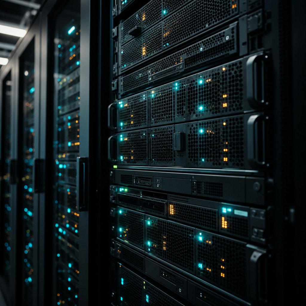 A server rack with status indicator lights in a data and edge-computing room, representing electronics and IT infrastructure.