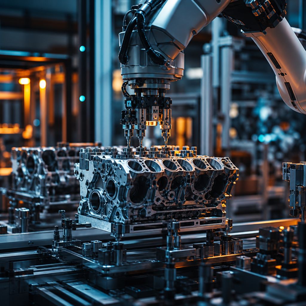 A robotic arm assembling automotive engine components on a manufacturing floor, representative of automotive automation relevant to Chennai's auto-component industry.