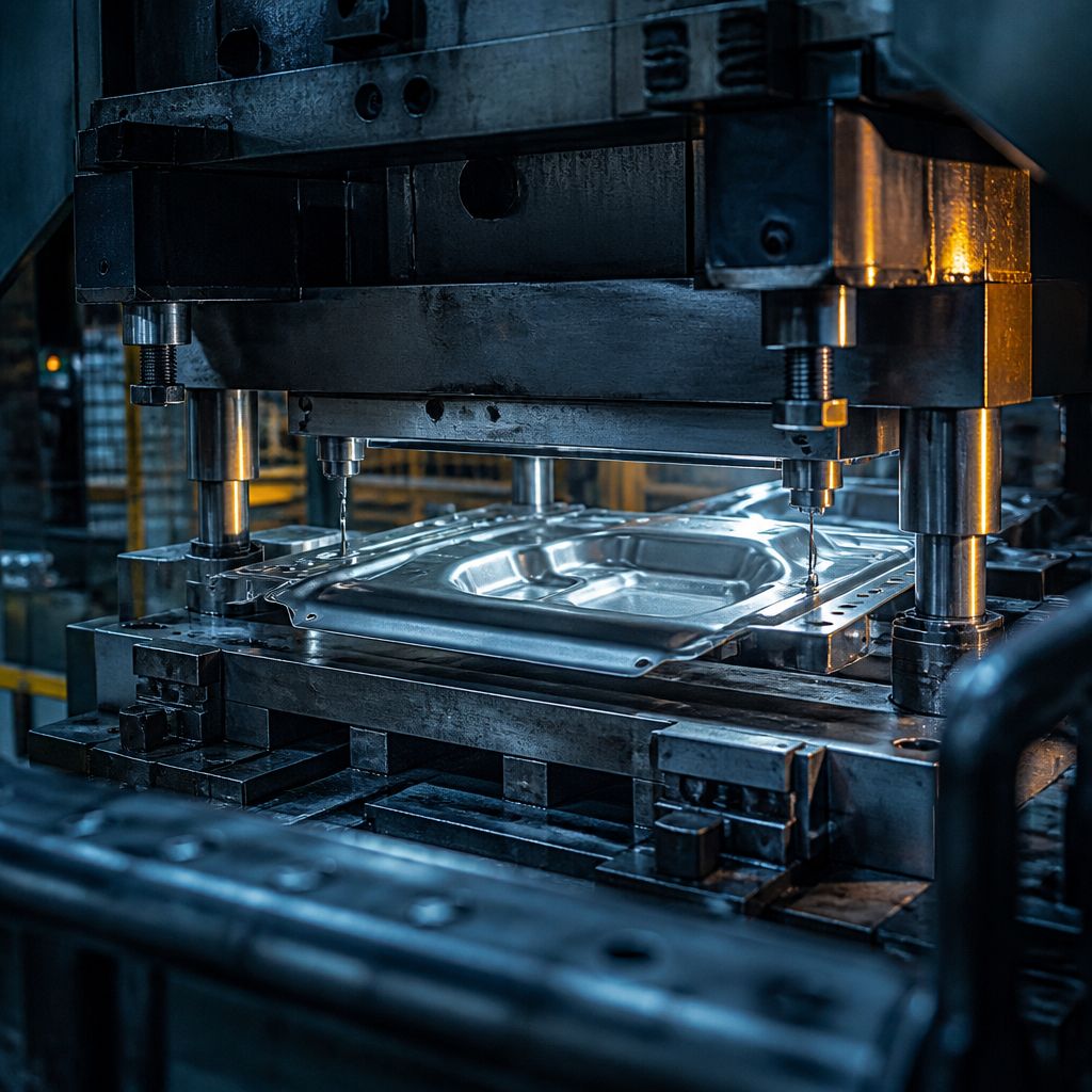 An industrial metal-stamping press shaping a sheet-metal automotive part, illustrating precision stamping automation.