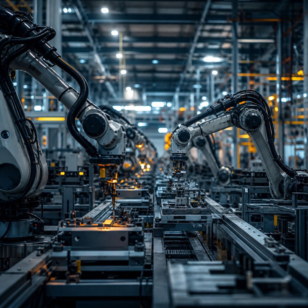 Multiple robotic arms working along a general manufacturing assembly line, representative of industrial automation across the Delhi NCR manufacturing belt.