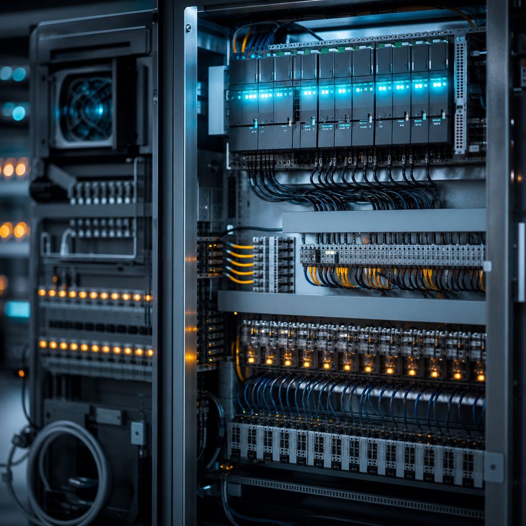 An industrial electrical control panel with organized wiring and indicator lights, representing automation control systems.