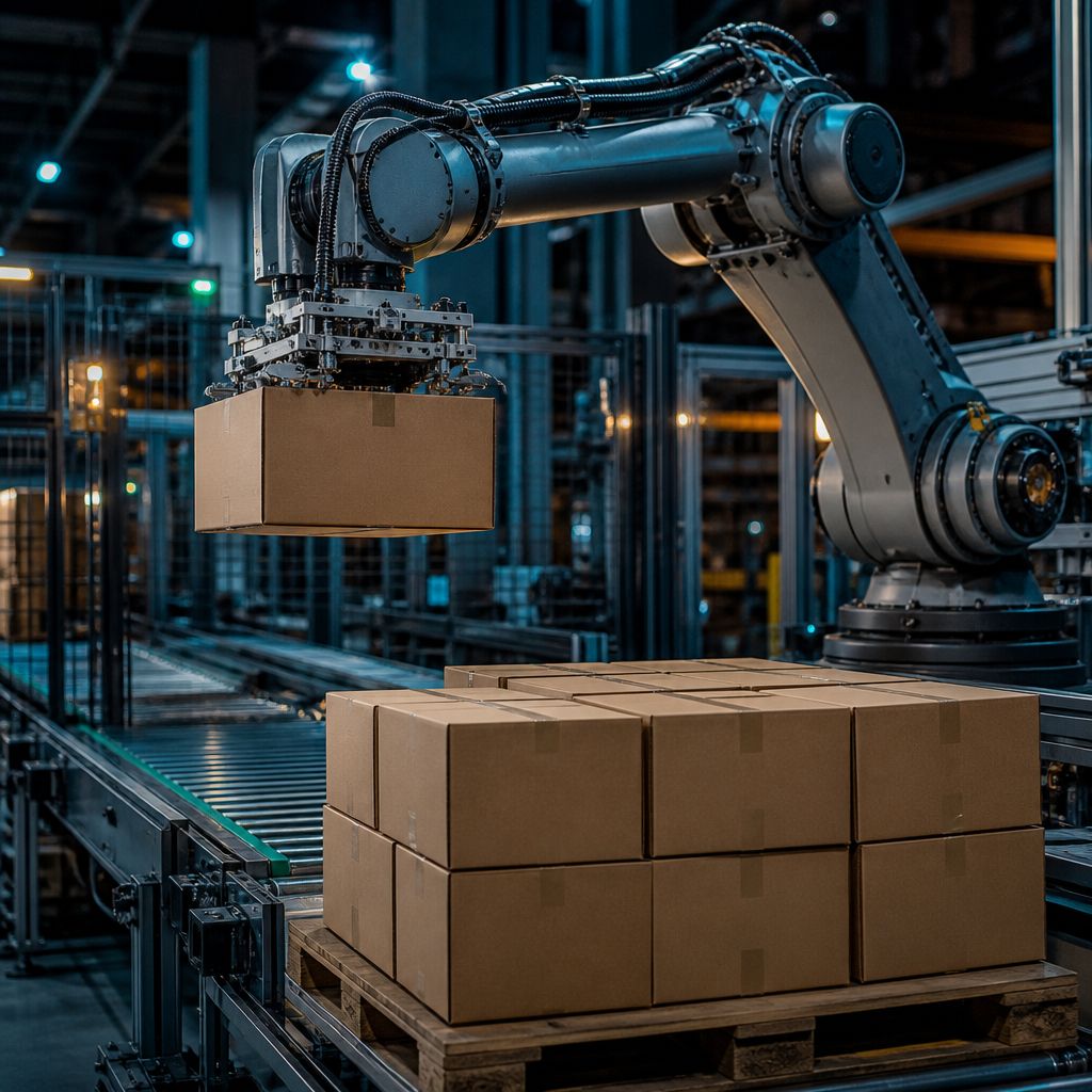 A robotic arm palletizing boxes at the end of an automated packaging line, representing manufacturing and logistics automation.