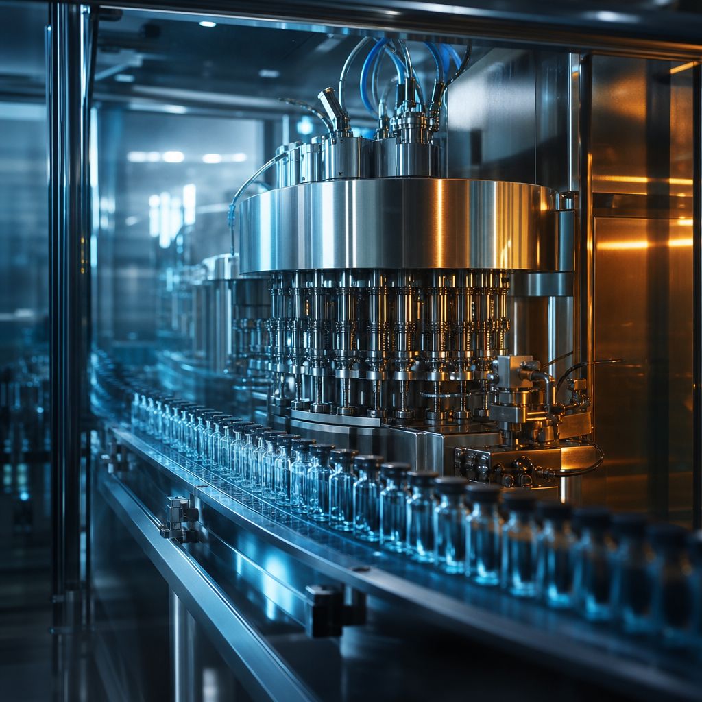 An automated vial-filling line inside a pharmaceutical manufacturing cleanroom, representative of process automation for Hyderabad's pharma manufacturing sector.