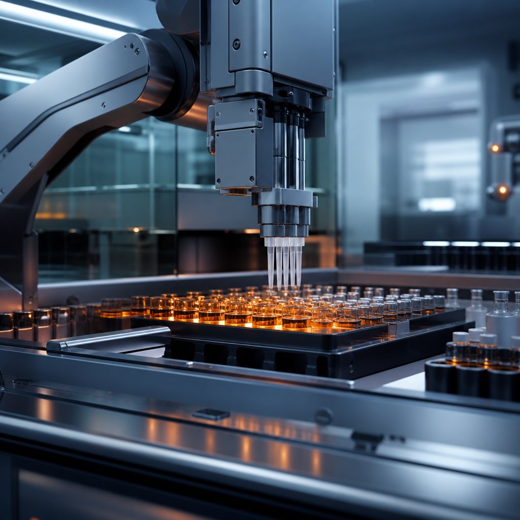 An automated liquid-handling robot dispensing samples into trays inside a pharmaceutical quality-control lab, representing lab automation.