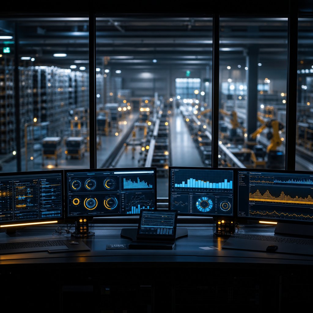 A control room overlooking an automated warehouse floor with dashboard displays, representing operations monitoring for logistics facilities.