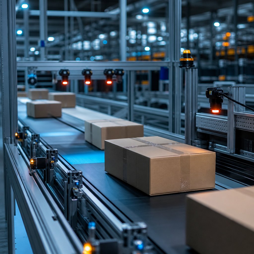 A high-speed conveyor sorting system with sensor arrays inside a distribution center, illustrating logistics automation.