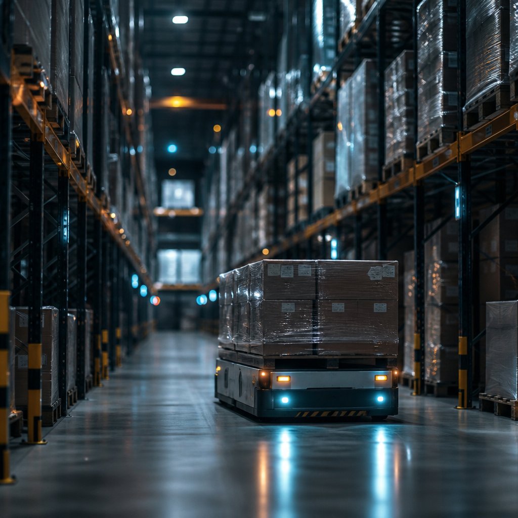 An automated guided vehicle moving between tall pallet racking inside a modern logistics warehouse, representative of industrial automation for Mumbai's logistics and warehousing sector.
