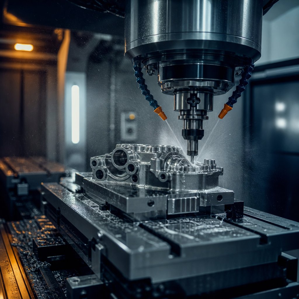 A CNC machining center producing precision automotive metal components, representing precision manufacturing automation.