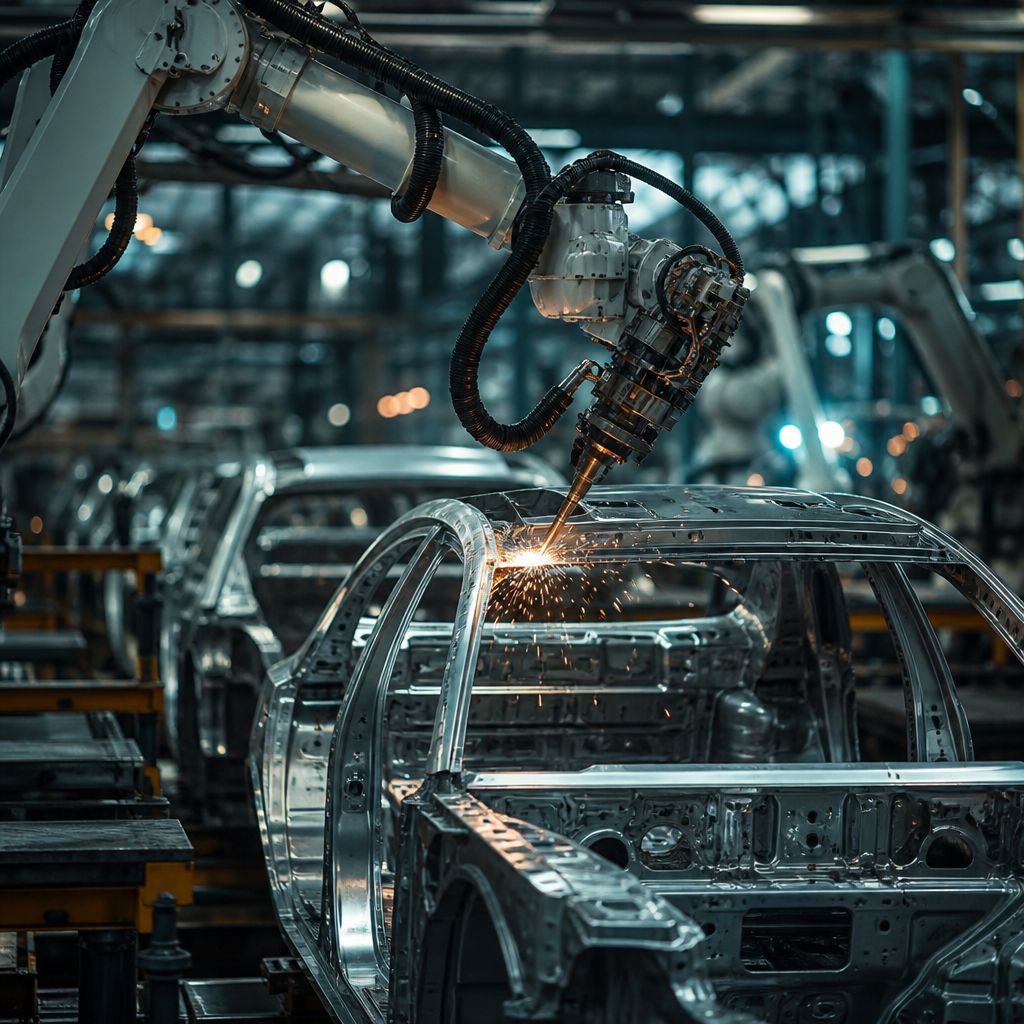 A robotic welding arm working on a car chassis on an automotive assembly line, illustrating automotive manufacturing automation relevant to Pune's auto-component industry.