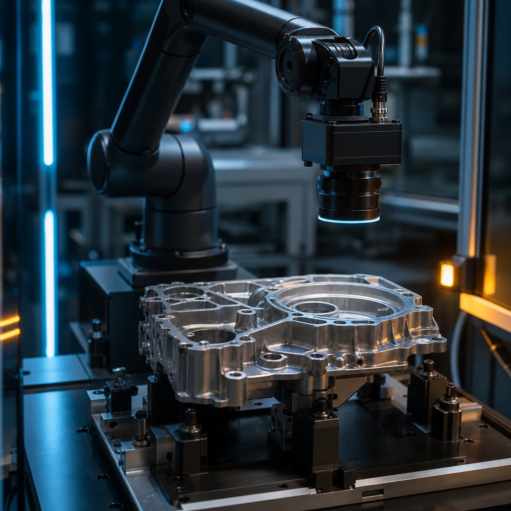 An automated machine-vision inspection station examining an automotive component, representing quality-control automation.