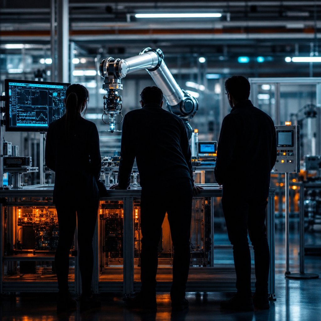 A small team of engineers, seen from behind, gathered around a robotic-arm workstation in an automation lab — illustrating careers in industrial automation engineering.