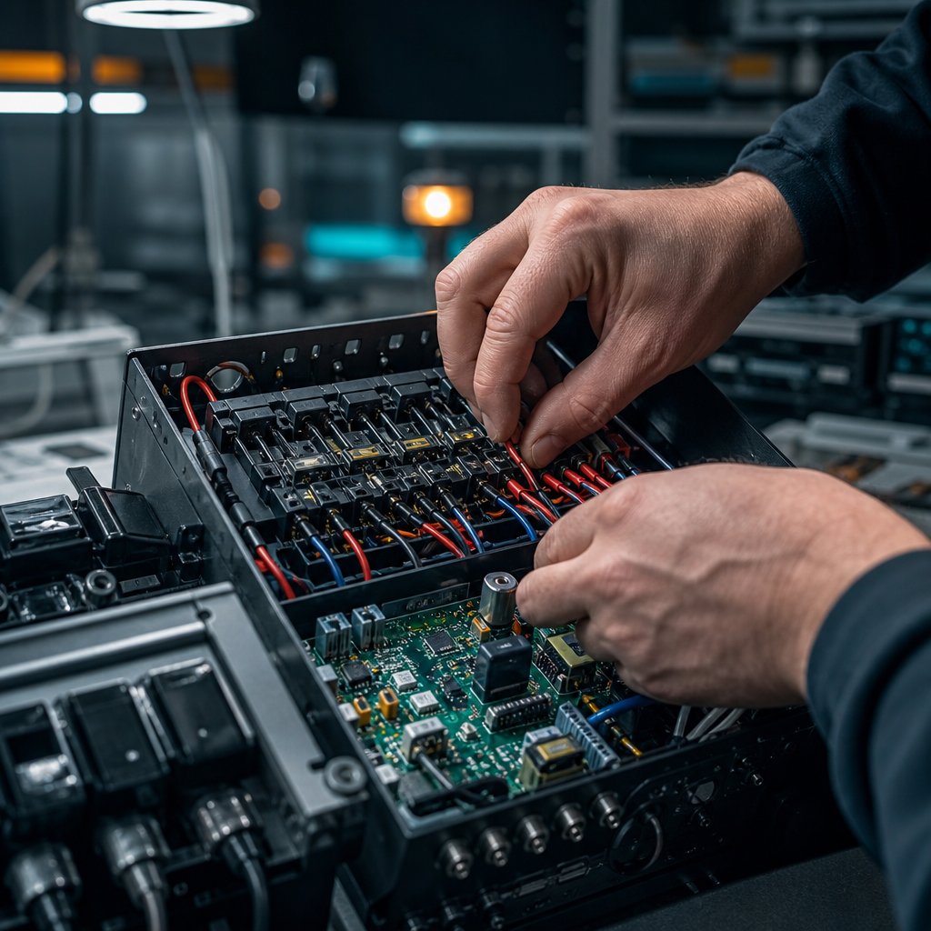 Close-up of hands assembling an electronic control panel with wiring on a workbench, representing hands-on engineering roles at an automation company.
