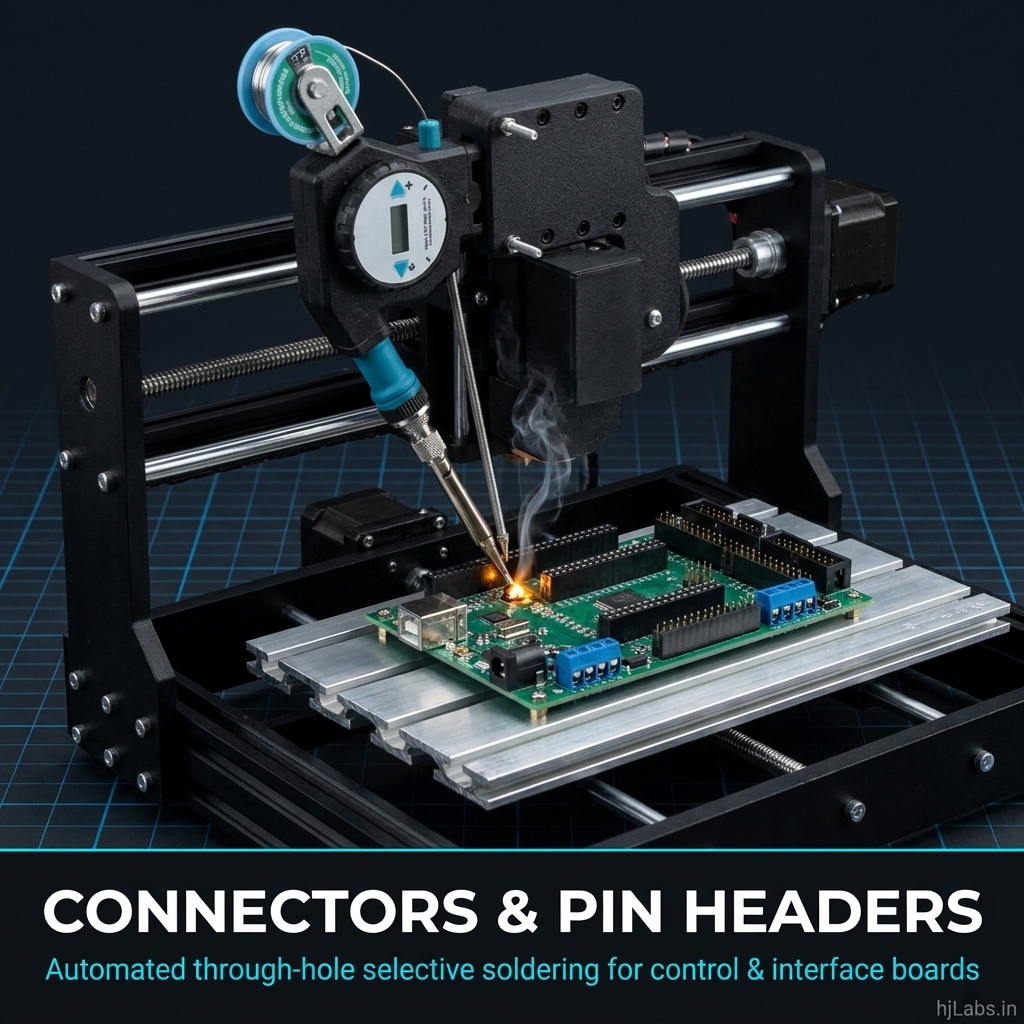 Connector soldering on PCB assembly line by 3-axis selective soldering robot