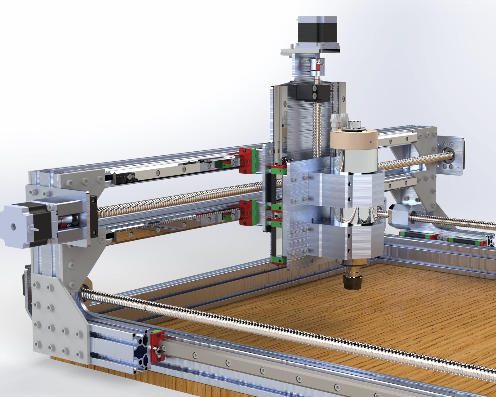 CNC router gantry detail — ground ball screws on X and Y axes, LM linear guide rails, solid machined aluminium gantry sides