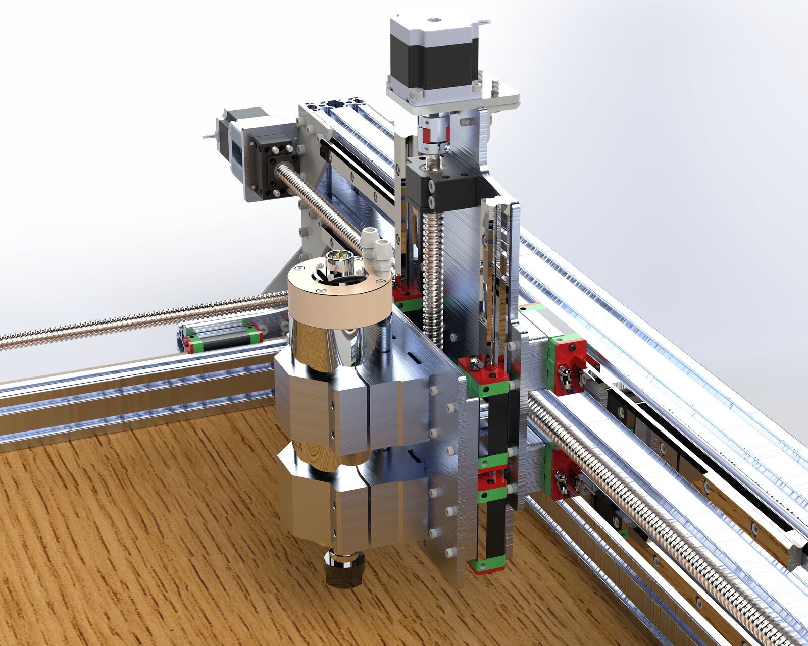 Z axis and 2.2kW air-cooled spindle clamped in solid aluminium blocks, driven by a ball screw on LM guides